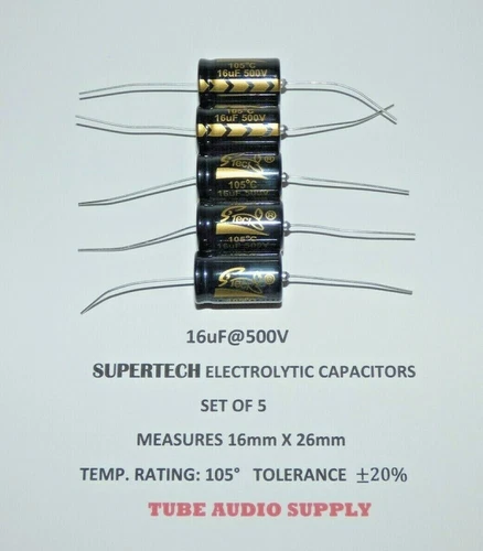   16uF@500volt ELECTROLYTIC CAPACITOR, AXIAL, SUPERTECH HIGH QUALITY, SET OF 5