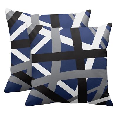 Set of 2 Blue Black Throw Pillow Covers 20x20 Inches Stripes Design Retro Dec...