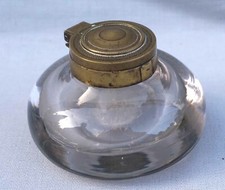 French Inkwell Blown Glass Engraved Brass Lid 19th C