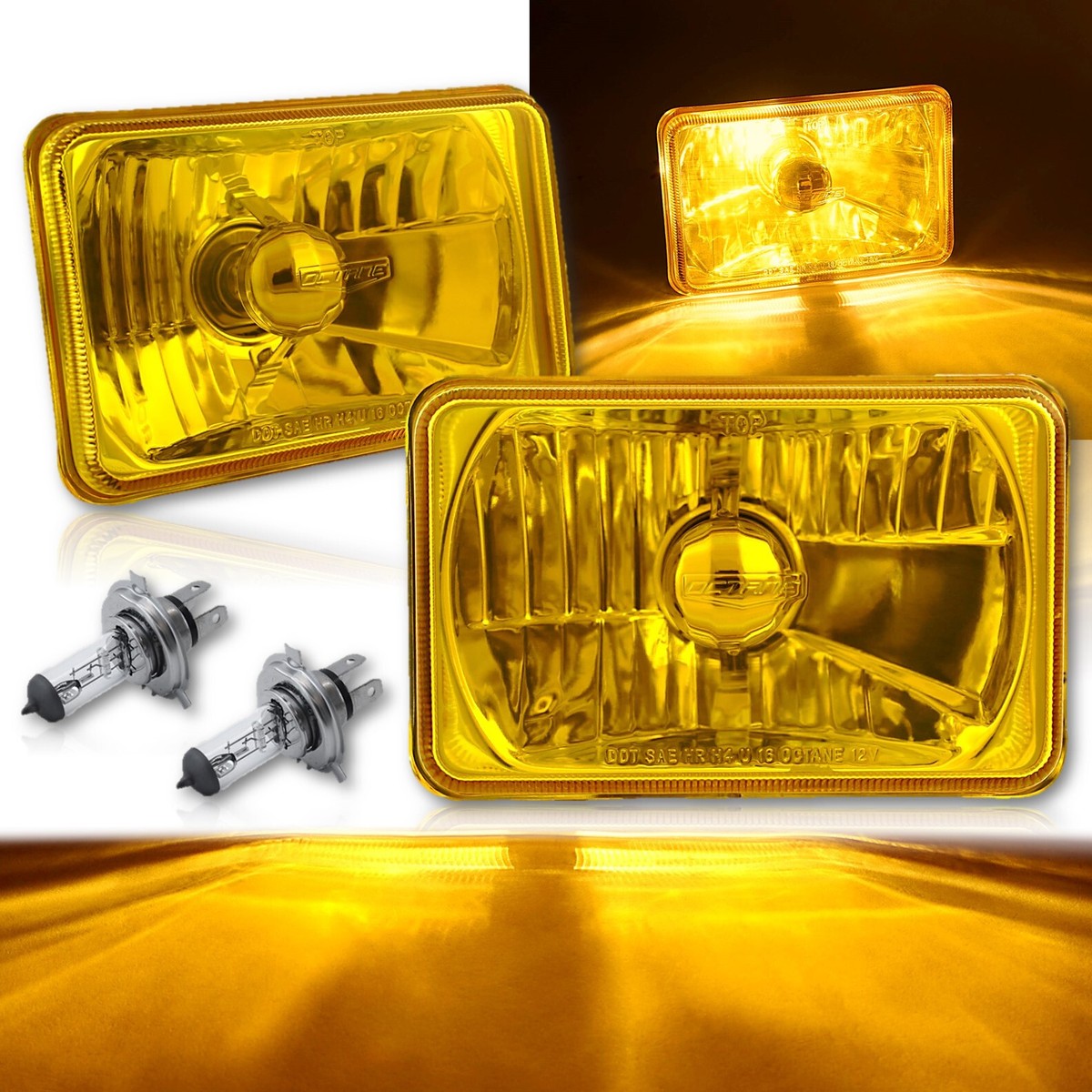 4X6 Crystal Yellow Glass Lens Metal Headlight H4 Halogen Light