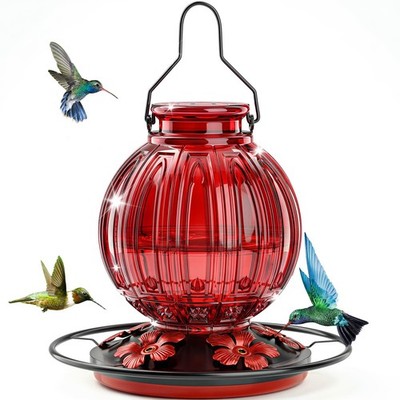 Glass Hummingbird Feeder Outdoor Hanging 24oz Nectar Perch 5 Ports Leak Red 