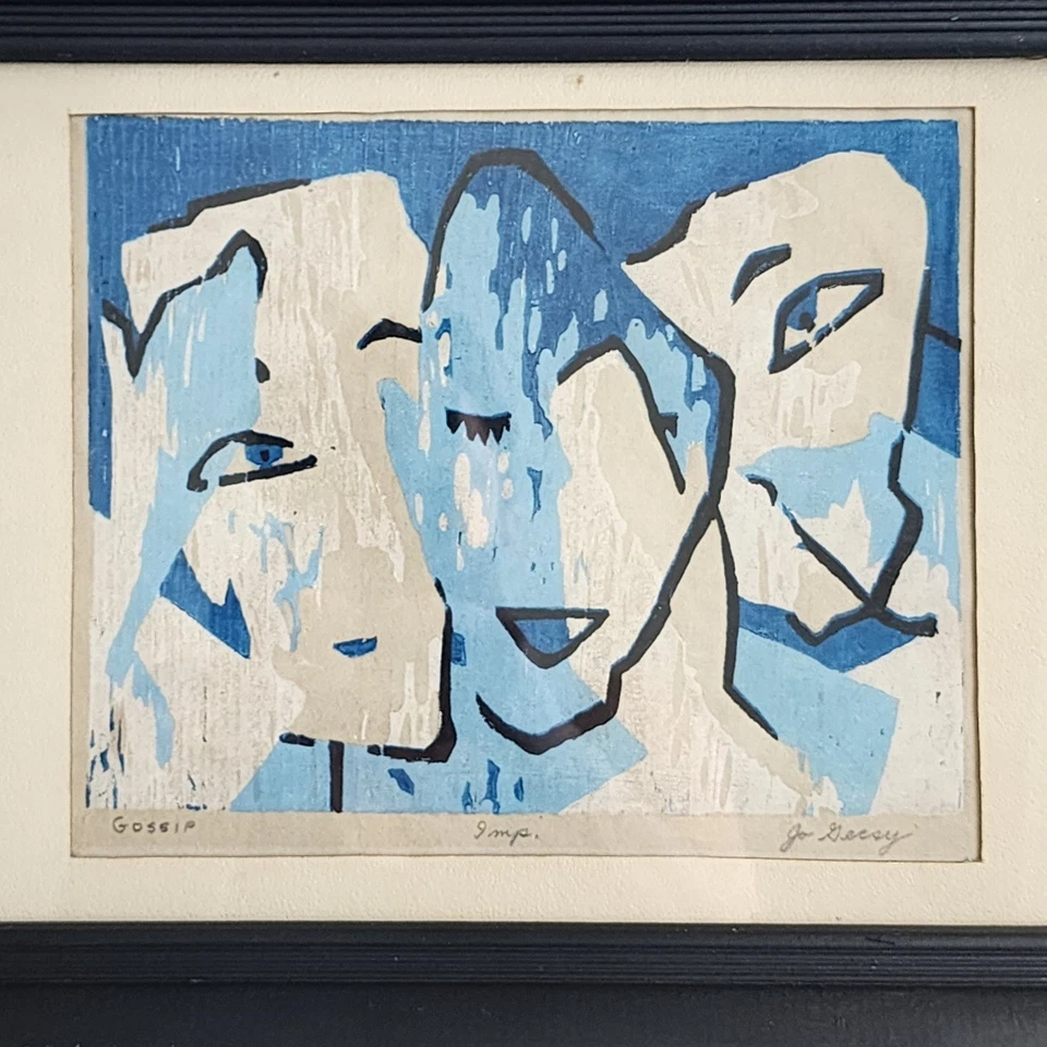 Impresión artística original firmada por Jo Secsy "Gossip" linóleo/leña (Imp.) Abstracto enmarcado Foto 3 de 4