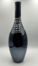 Beautiful Vintage Hand Blown Art Glass Vase 20  Black w White Threading Design