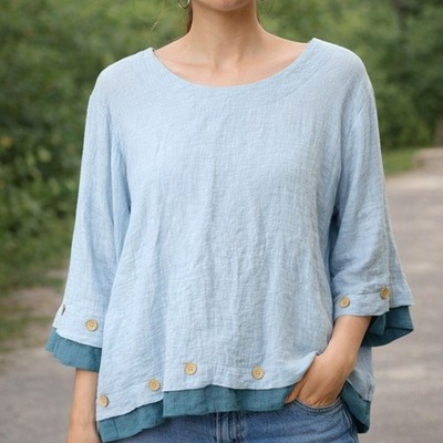 Coastal Chic Boho Bamboo Button Front Tunic Top Women XL Aqua Blue 3/4 Sleeve