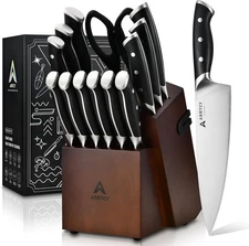 Knife Set with Block, Kitchen Knife Set 15-Piece with Sharpener - High Carbon