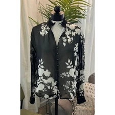 Anthropologie Pilcro Tavi Buttondown Blouse Black Floral Sheer Boho Office Small