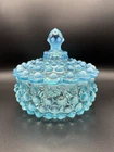Fenton Art Glass Blue Opalescent Hobnail covered candy dish