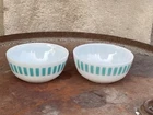 2 VINTAGE HAZEL ATLAS TURQUOISE CANDY STRIPE CEREAL/BERRY BOWL WITH SPOUT - 5"