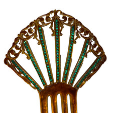 Antique Edwardian celluloid rhinestone HAIR COMB green brown