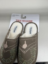 True Religion Rhinestone Horseshoe Logo Slip-On Denim Slippers Womens size S 5-6