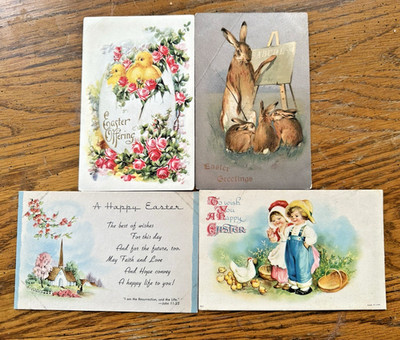 EASTER ~   FOUR Antique/Vintage UNPOSTED POSTCARDS ~Chicks Rabbits Children