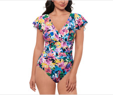 Swim Solutions Garden Dreams Flutter-Sleeve One-Piece Swimsuit Size 10 7215