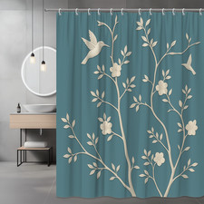 Elegant Floral Shower Curtain with Birds on Teal Background