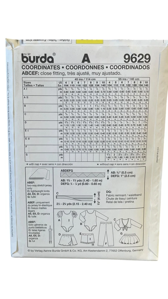 Burda 9629 Toddler Ballet Dancewear Sewing Pattern Sizes 4-10 - Image 2 of 2
