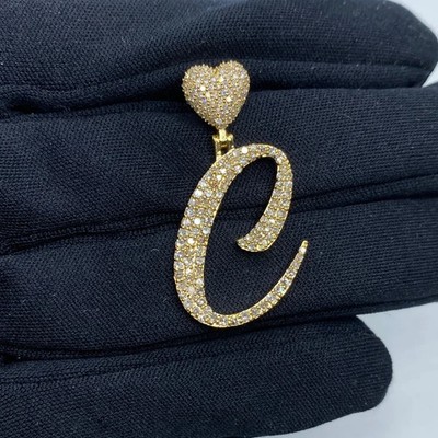 14KYellow Gold Plated 2Ct Moissanite C Initial Script Heart Letter Charm Pendant