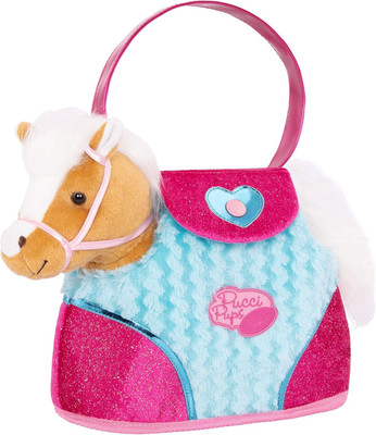 Pucci Pups   Beige Horse with Blue Stripes and Pink Pony Bag (ST8274Z) 10 Inches