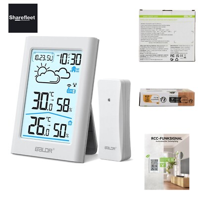 BALDR Wetterstation Funk mit Außensensor, Digital DCF-Funkuhr Thermometer Inn...