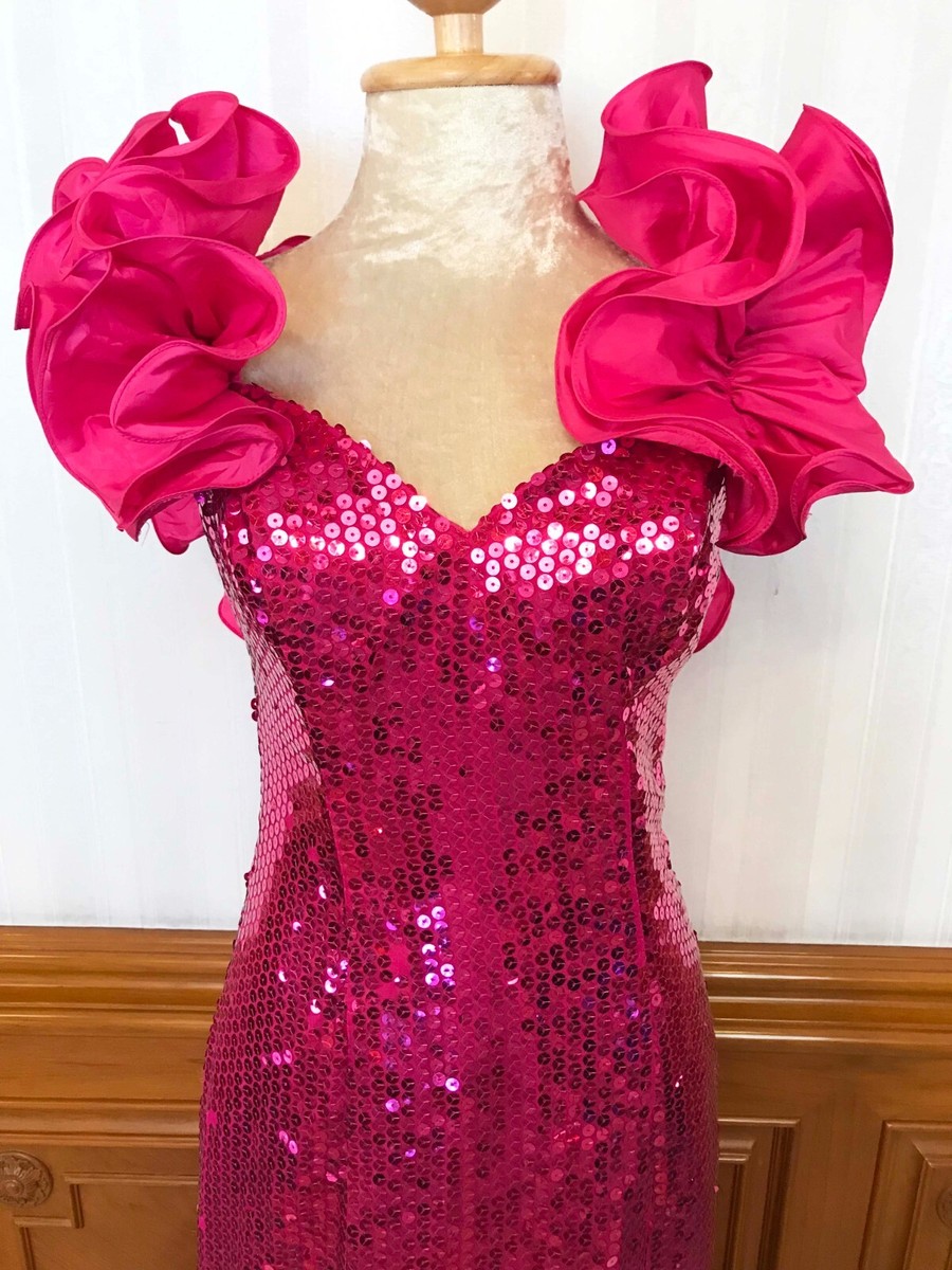 Vintage Alyce Designs Sequins Ruffle Mermaid Prom Party Dress Gown Pink Sz  USA