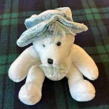 Vintage Dan Dee Rare Victorian White Teddy Bear with Light Blue Velvet Hat 13"