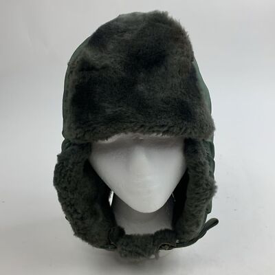 Vintage L Faux Fur Helmet Flyers winter warm snap Cap Hat Green gray fur VGUC USAF B-9B Winter Flyer main image 4