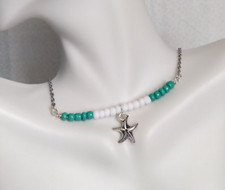 Starfish Charm White and Turquoise Glass Beaded Bar Necklace Handmade Sea Life