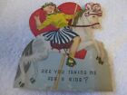 Vintage valentine card 1940s girl on horse , merry go round