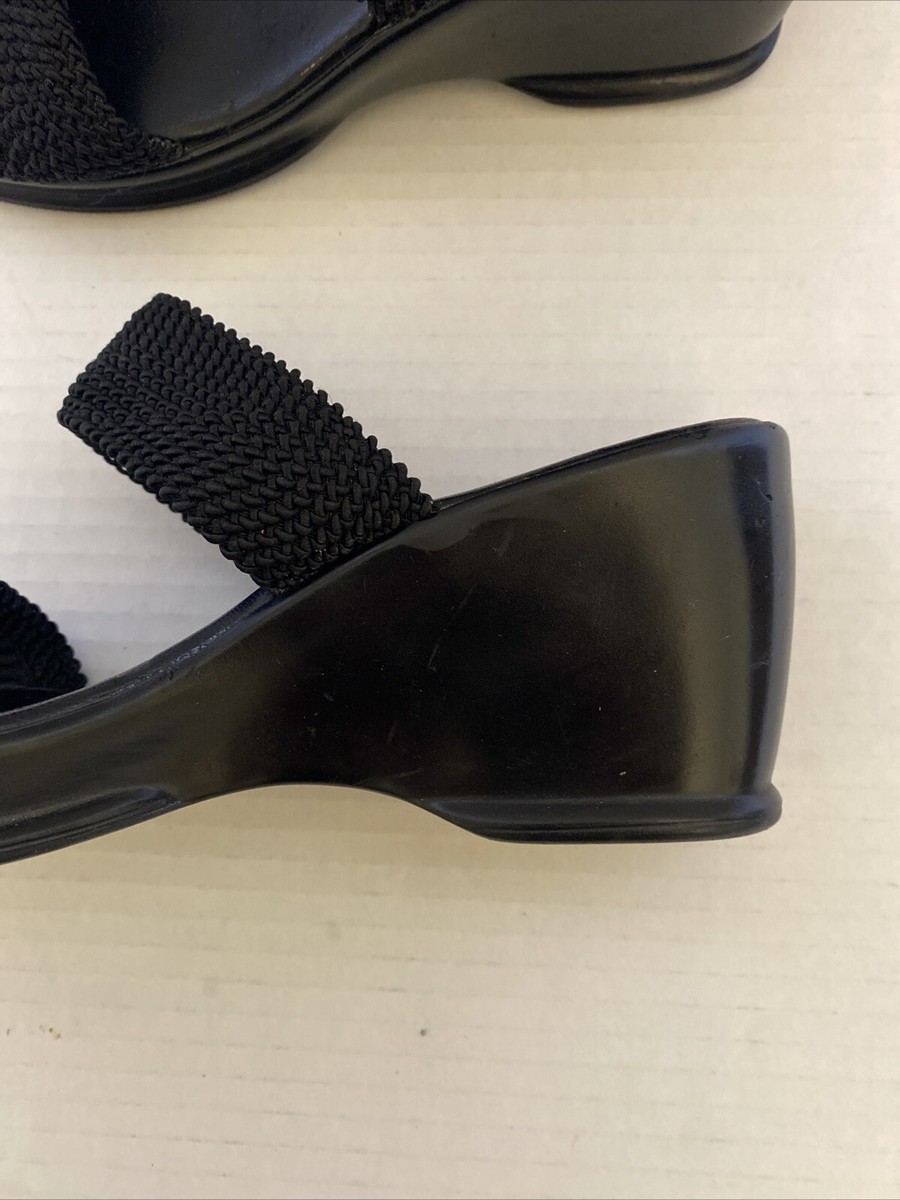 Bass Nathalie Black Strapped Fabric Slip On 3” Heel Sandals Shoes