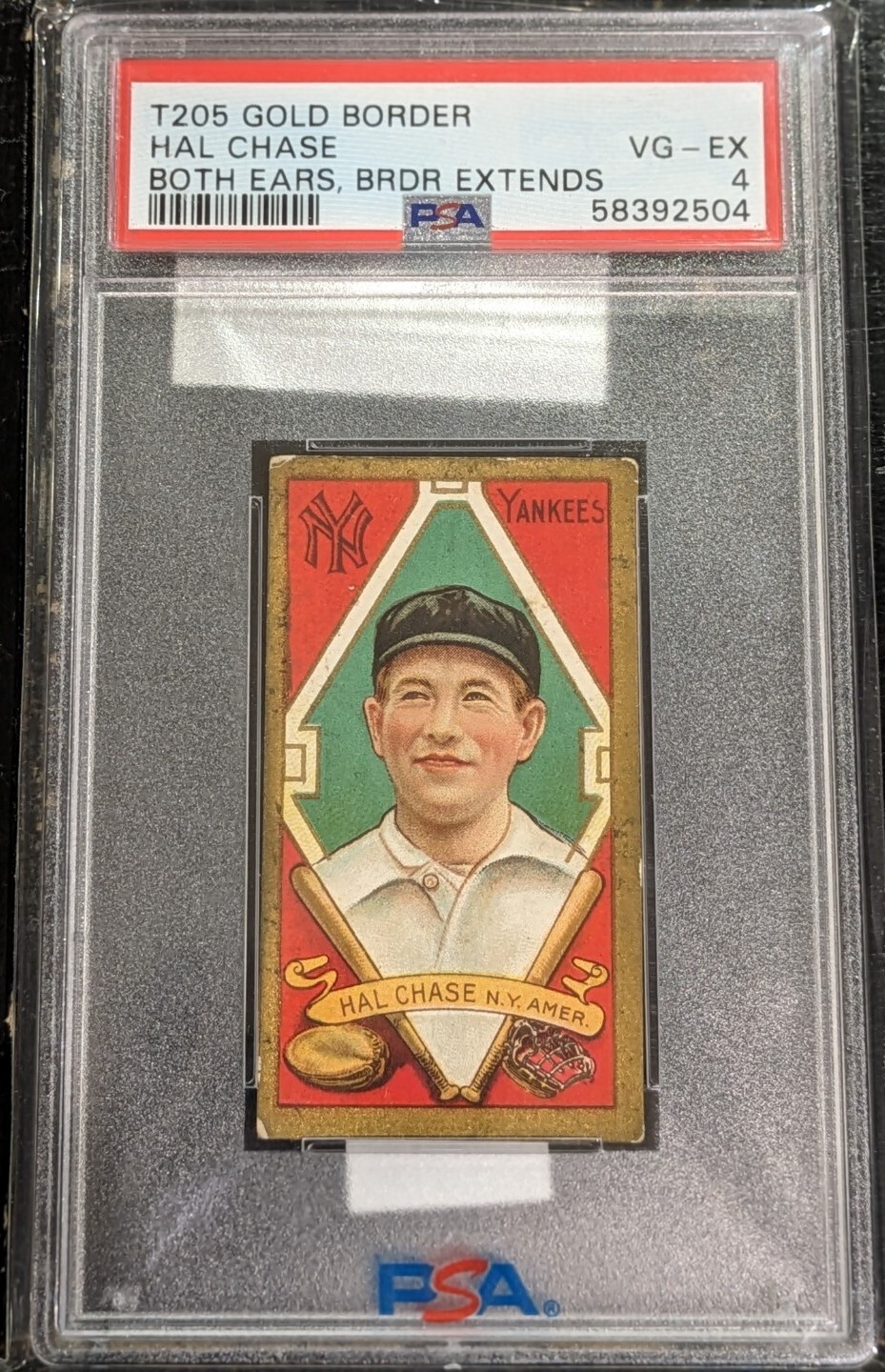 1911 T205 Gold Border Hal Chase BOTH EARS BORDER EXTENDS PSA 4 VG-EX Yankees