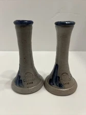 2 Rowe Pottery Salt Glaze Vase Decorated With Blue Accents