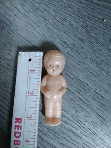 Antique 3” Thin Celluloid Child, Pink, Hands Holding Tummy, Figure