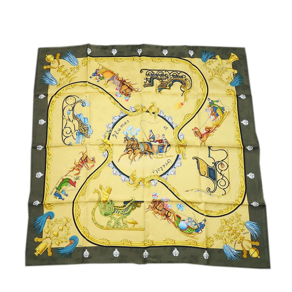 Hermes Carre90 100% Silk Scarf Plumes Et Greelots Feather Bells Design