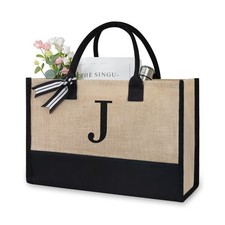 TOPDesign Initial Jute/Canvas Tote Bag, 17" x 11.8" x 7.8", Black  Brown