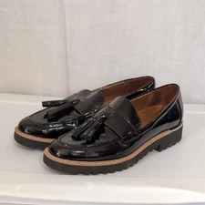 Franco Sarto Carolynn Tassel Black Faux Patent Leather Loafers Size 10 M