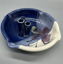 Follette Art Pottery Flower Frog Wish Bowl Artist Signed Blue Floral Small Vase