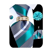 5PCS Mens Silk Tie, Pocket Square, Cufflinks, Drilled Tie Ring and Lapel Pin ...