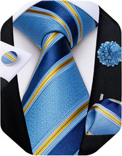 Mens Tie and Lapel Pin Set Silk Plaid Solid Paisley Necktie Pocket Square Cuff