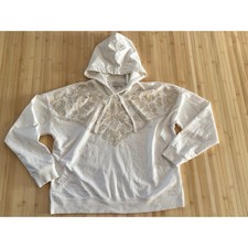 Lucky Brand Womens Cream Embroidered Floral Pullover Hoodie Sweatshirt Large