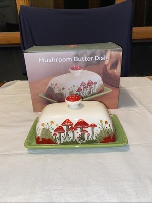 Mushroom Butter Dish With Lid for Countertop Ceramic Container Decor Tray Large