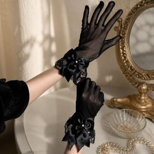 Sheer Bow Gloves, Lace Cuff Bridal Wedding Gloves, Black White Mesh Coquette