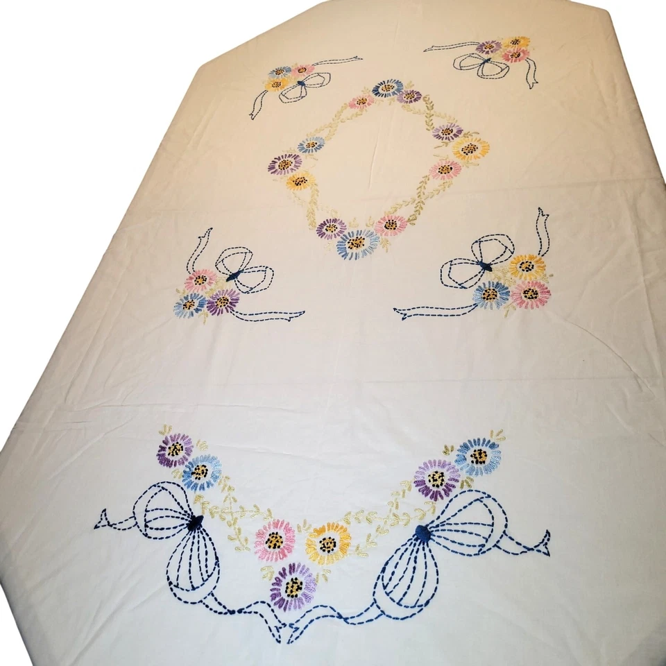 Vintage Handmade Bedspread Embroidered Floral 72x80 Fringe Edges - Image 4 of 4