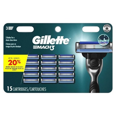 Gillette Mach3 Men's Razor Blade Refills 15 Cartridges 3 Blade Shave Refill NEW