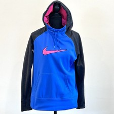 Nike Therma-Fit Womens Hoodie Pullover Blue Gray Pink Swoosh ThumbHoles Sz M