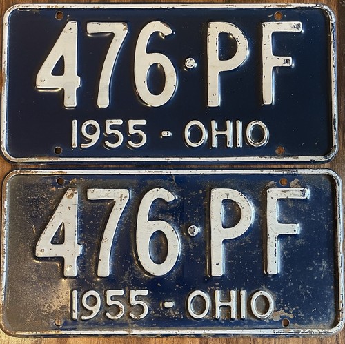 Paire d'étiquettes de plaque d'immatriculation Ohio 1955 peinture 100% originale DMV transparente 476•PF WOW ! OH