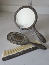 Antique Silver Plated Vanity 3 Pc Set Hand Mirror Hair Brush Comb Heavy EUC