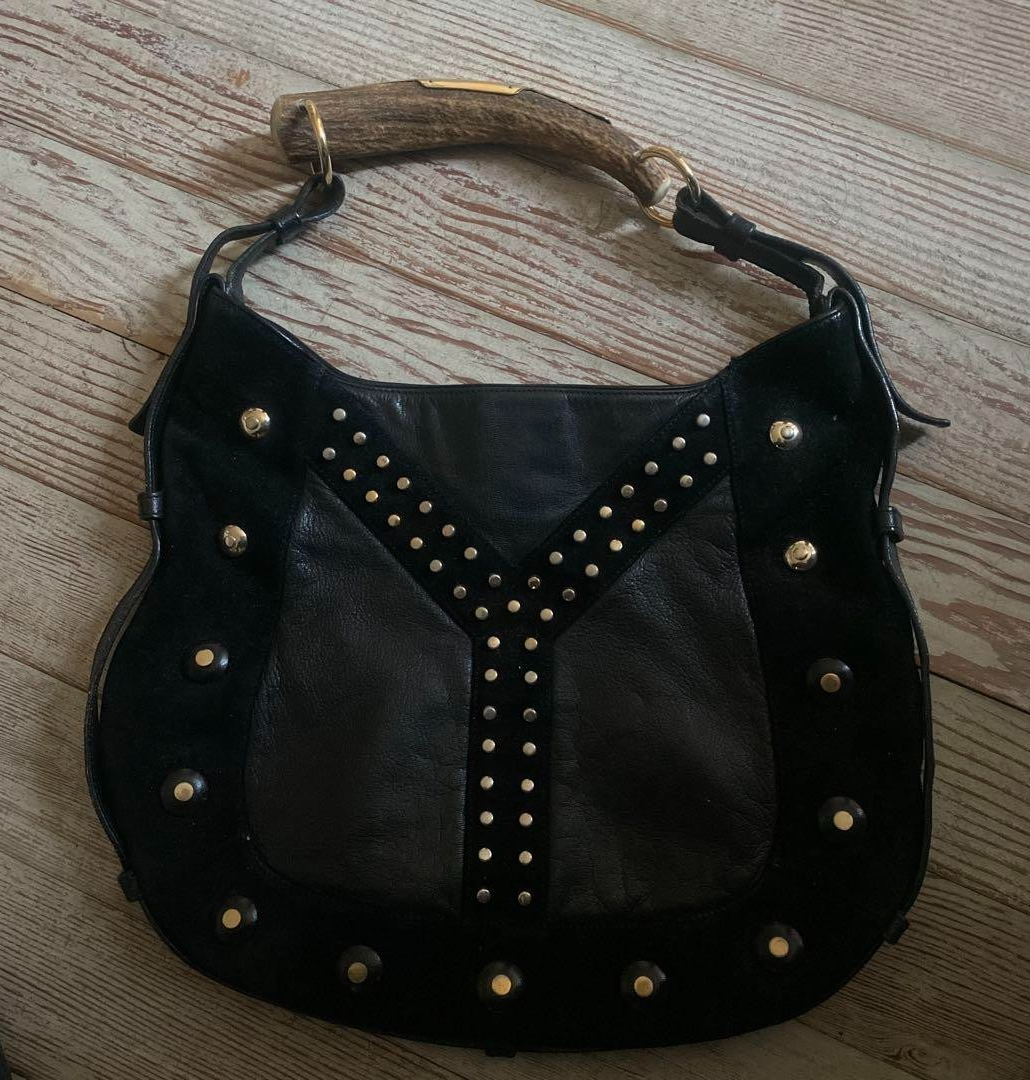 [Ecc+4] Borsa a tracolla Yves Saint Laurent Rive Gauche Mombasa borchie pelle nera