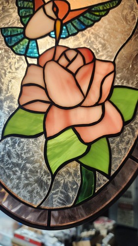 Vintage Hanging Tiffany Style Stained Glass Panel 14 X 9 Inch Hummingbird