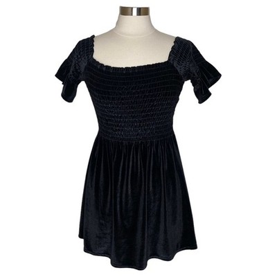 Urban Outfitters Clara Velvet Smocked Off Shoulder Black Dress Women s Medium