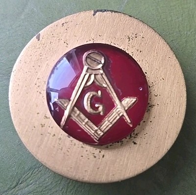 VTG Bolo Tie Pendant Clasp Masonic Compass Gold Tone Red Freemasons 1 1/4''