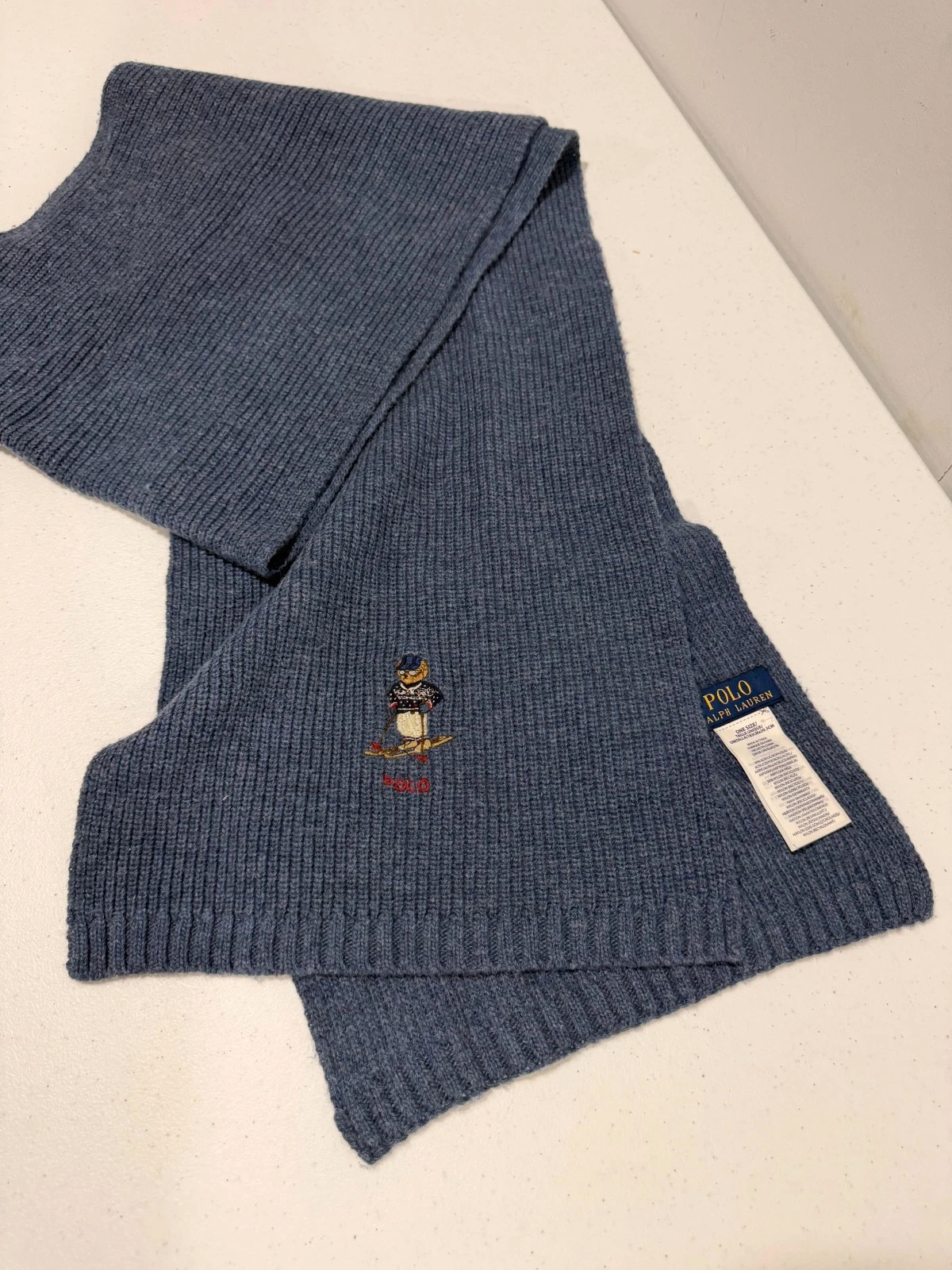 Men's POLO RALPH LAUREN Navy Blue Cable Knit Skiing Bear Logo Scarf