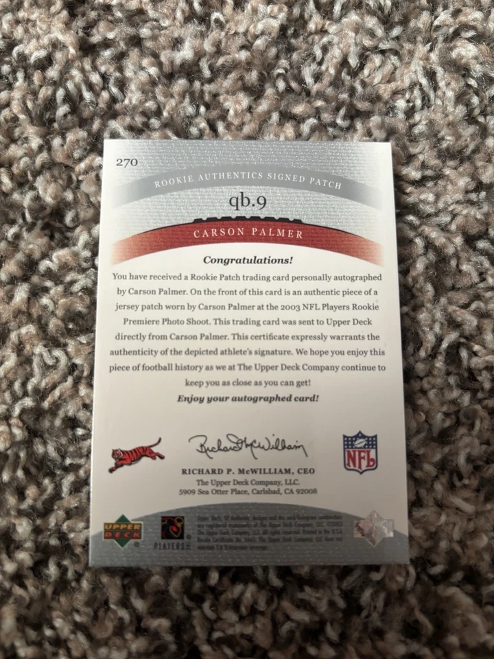 2003 SP AUTHENTIC CARSON PALMER PATCH AUTO /250 - Image 2 of 3